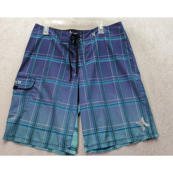 Hurley Phantom Board Shorts Mens 34 Blue Plaid Polyester Cargo Pocket Drawstring - Picture 1 of 8